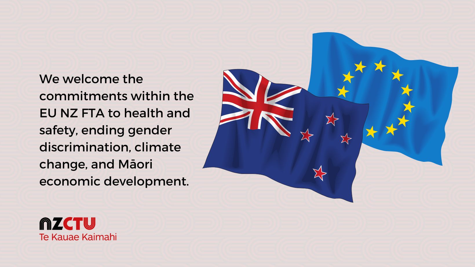 We welcome the commitments within the EU NZ FTA to health and safety, ending gender discrimination, climate change, and Māori economic development.