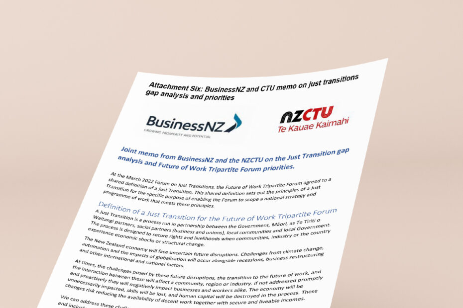 Cover of the NZCTU and BusinessNZ joint memo on the Future of Work