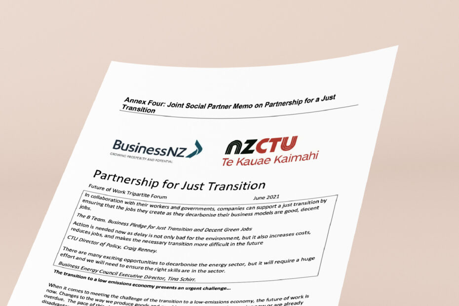 Cover of Joint memo from the Future of Work Tripartite Forum social partners on a just transition partnership in Aotearoa New Zealand and priorities for the social partners.