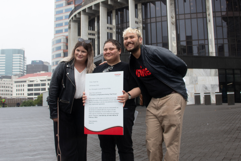 Dr Zoë Port, Justine Sachs and Xavier Walsh (Stand Up Youth Union Movement) with their 90-Day Termination Letter for the current government