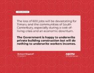 The loss of 600 jobs will be devastating for Timaru and the communities of South Canterbury, especially during a cost-of-living crisis and an economic downturn. The Government is happy to underwrite private building construction but will do nothing to underwrite workers incomes.