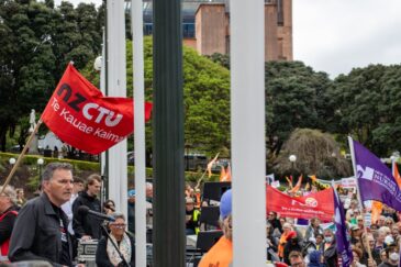 Richard Wagstaff speaks to the crowd at the Fight Back Together Maranga Ake Hui on October 23