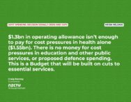 Media Release: Govt spending decision signals crisis and cuts $1.3bn in operating allowance isn’t enough to pay for cost pressures in health alone ($1.55bn). There is no money for cost pressures in education and other public services, or proposed defence spending. This is a Budget that will be built on cuts to essential services. Craig Renney Economist
