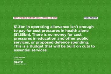 Media Release: Govt spending decision signals crisis and cuts $1.3bn in operating allowance isn’t enough to pay for cost pressures in health alone ($1.55bn). There is no money for cost pressures in education and other public services, or proposed defence spending. This is a Budget that will be built on cuts to essential services. Craig Renney Economist