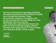 Media Release: Billions missing from health budget We have examined the spending decisions and announcements of the Minister of Health over the past few months. These demonstrate a pattern of making a new service promise but not providing any new funding for that new service. That means the commitments have to be paid out of the existing budget, which is already under huge pressure. These sneaky cuts add up to $1.2bn across 4 years. Craig Renney Economist