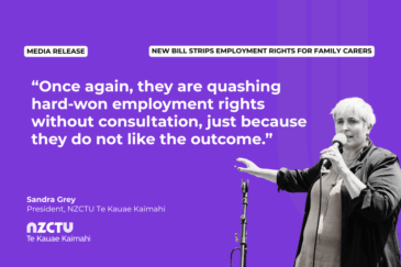 Promotional graphic for a CTU media release headed "New Bill strips employment rights for family carers." A pulled quote reads: "Once again, they are quashing hard-won employment rights without consultation, just because they do not like the outcome." Attributed to Sandra Grey, President, NZCTU Te Kauae Kaimahi. A black-and-white photo of Sandra Grey speaking into a microphone sits on the right, against a purple background.