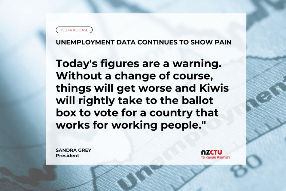 A media release graphic from the New Zealand Council of Trade Unions (NZCTU / Te Kauae Kaimahi), with a background of blurred newspaper text featuring the word "unemployment." The graphic is headed "MEDIA RELEASE" and titled "UNEMPLOYMENT DATA CONTINUES TO SHOW PAIN." The main quote reads: "Today's figures are a warning. Without a change of course, things will get worse and Kiwis will rightly take to the ballot box to vote for a country that works for working people." Attributed to Sandra Grey, President, NZCTU Te Kauae Kaimahi.