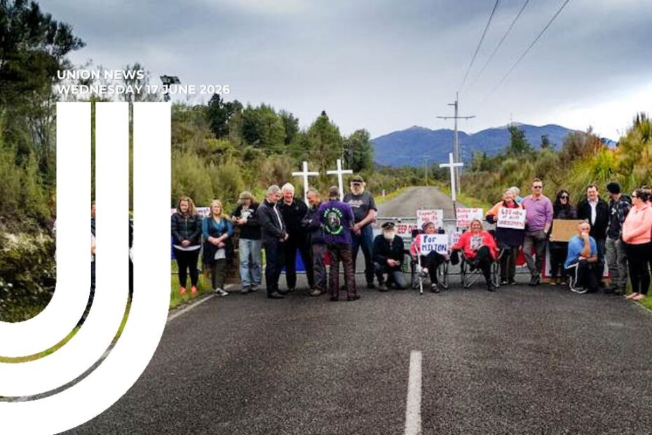 Union News, Wednesday 17 June 2026. Image features a group of people on the road to Pike River Mine