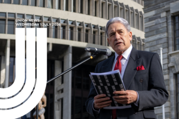 Union News graphic, Wednesday 1 July 2026, with CTU logo. Winston Peters speaks at an outdoor microphone outside Parliament