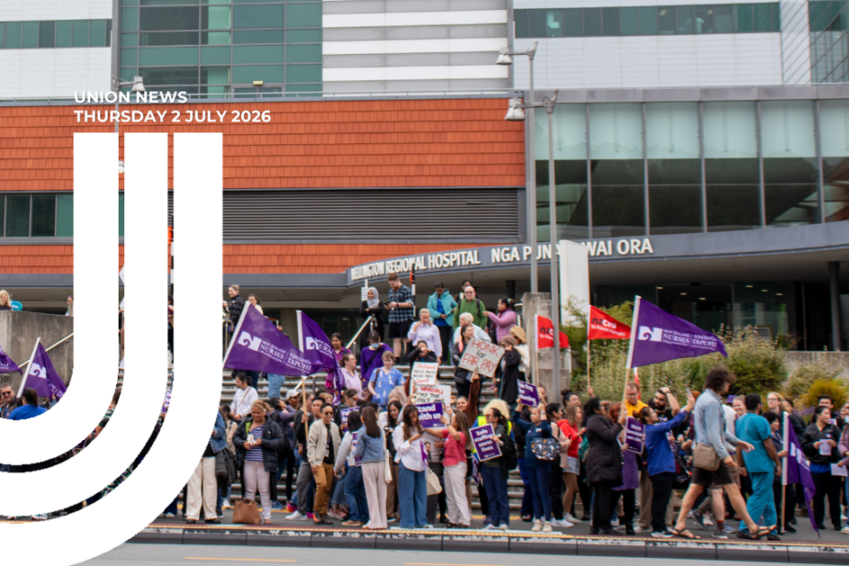 Union News, Thursday 2 July 2026. Nurses and supporters rally on the steps outside Wellington Regional Hospital, waving purple New Zealand Nurses Organisation Tōpūtanga Tapuhi Kaitiaki o Aotearoa flags and holding placards. A large white stylised U logo overlays the left side of the image.