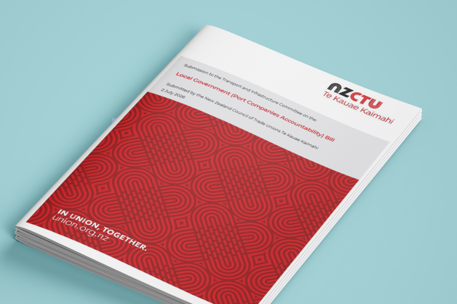 Cover of an NZCTU submission document on the Local Government (Port Companies Accountability) Bill, featuring the NZCTU logo and a red patterned design against a blue background.