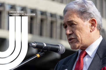 Winston Peters in a dark suit and red tie speaking at a microphone outside Parliament, overlaid with "Union News – Thursday 30 July 2026".