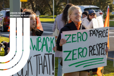 Smiling union members on a picket line holding handmade placards, one reading "ZERO PAY RISE, ZERO RESPECT". Overlaid text: "Union News — Monday 10 August 2026".