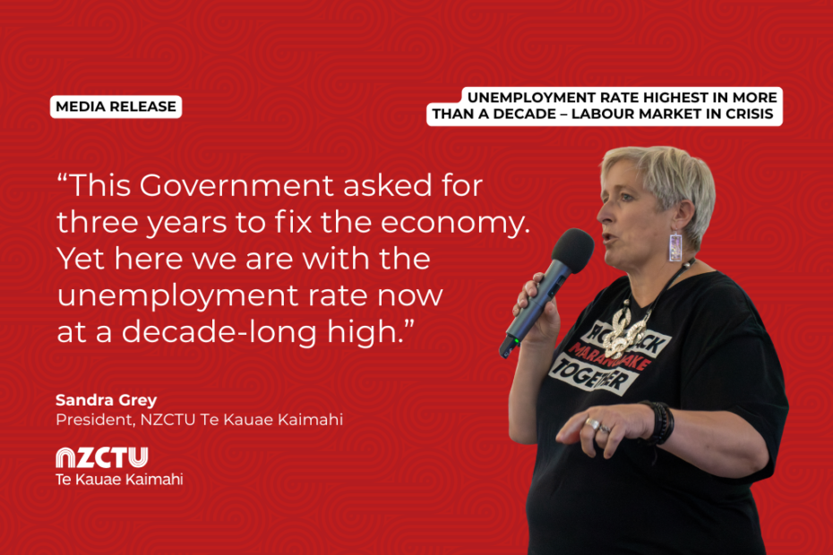 Media release graphic. Headline says "Unemployment rate highest in more than a decade – labour market in crisis". Quote reads: "This Government asked for three years to fix the economy. Yet here we are with the unemployment rate now at a decade-long high." Attributed to Sandra Grey, President, NZCTU Te Kauae Kaimahi. Photo shows Sandra Grey speaking into a handheld microphone, wearing a black Kotahitanga T-shirt. NZCTU Te Kauae Kaimahi logo bottom left. The background is red.