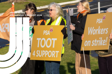 Union News graphic dated Wednesday 5 August 2026. Photo shows four people standing on the grass beside a road at a picket, holding gold PSA placards reading "Toot 4 support" and "Workers on strike!".