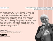 A black-and-white photo of Sandra Grey speaking into a microphone sits on a pale pink background. Quote: 'A higher OCR will simply make the much-needed economic recovery harder, and will mean further misery for people who are out of work or who can't get the hours they need.'