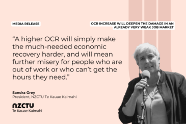 A black-and-white photo of Sandra Grey speaking into a microphone sits on a pale pink background. Quote: 'A higher OCR will simply make the much-needed economic recovery harder, and will mean further misery for people who are out of work or who can't get the hours they need.'
