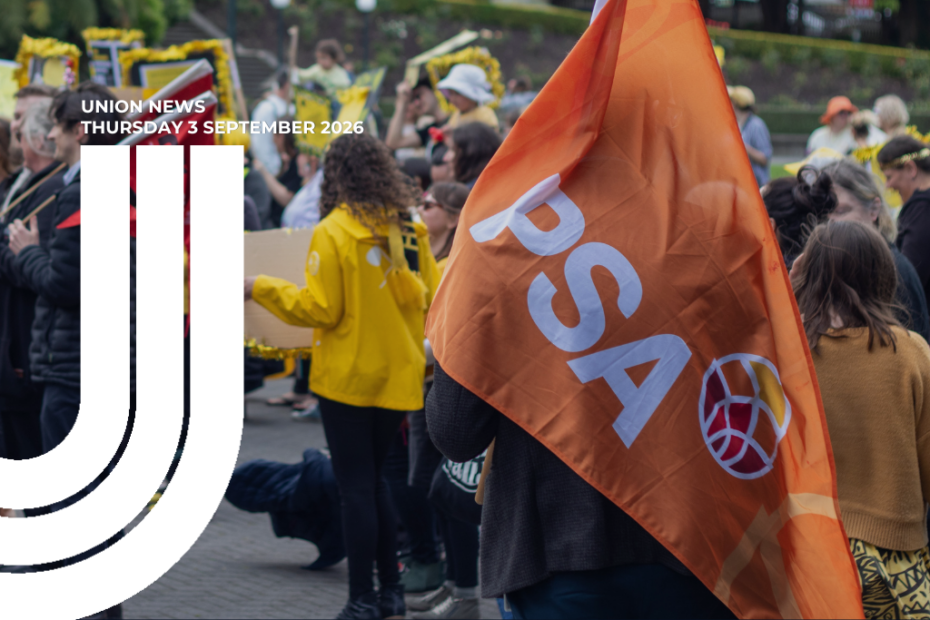 A crowd of protesters at a rally. In the foreground, a person carries a large orange PSA flag with white lettering. Text overlay reads "Union News, Thursday 3 September 2026" alongside a white Union News logo on the left.