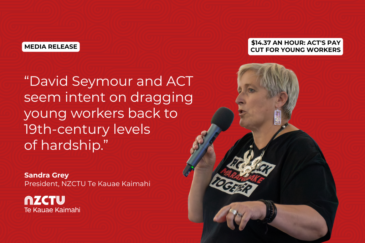 Graphic with a red patterned background for NZCTU media release: $14.37 an hour: ACT's pay cut for young workers. Quote: "David Seymour and ACT seem intent on dragging young workers back to 19th-century levels of hardship." – Sandra Grey, President, NZCTU. Colour photo of Sandra Grey speaking into a handheld microphone, wearing a black Maranga Ake Fight Back Together T-shirt and a large necklace.