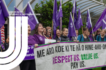 Union News, Monday 21 September 2026. Nurses march with purple NZNO flags and a banner reading "Respect us. Value us. Pay us."