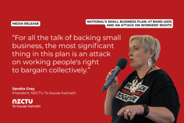 Graphic with a red patterned background for NZCTU media release: National's small business plan: 47 band-aids and an attack on workers' rights. Quote: "For all the talk of backing small business, the most significant thing in this plan is an attack on working people's right to bargain collectively." – Sandra Grey, NZCTU President. Colour photo of Sandra Grey speaking into a handheld microphone, wearing a black Maranga Ake Fight Back Together T-shirt and a large necklace.
