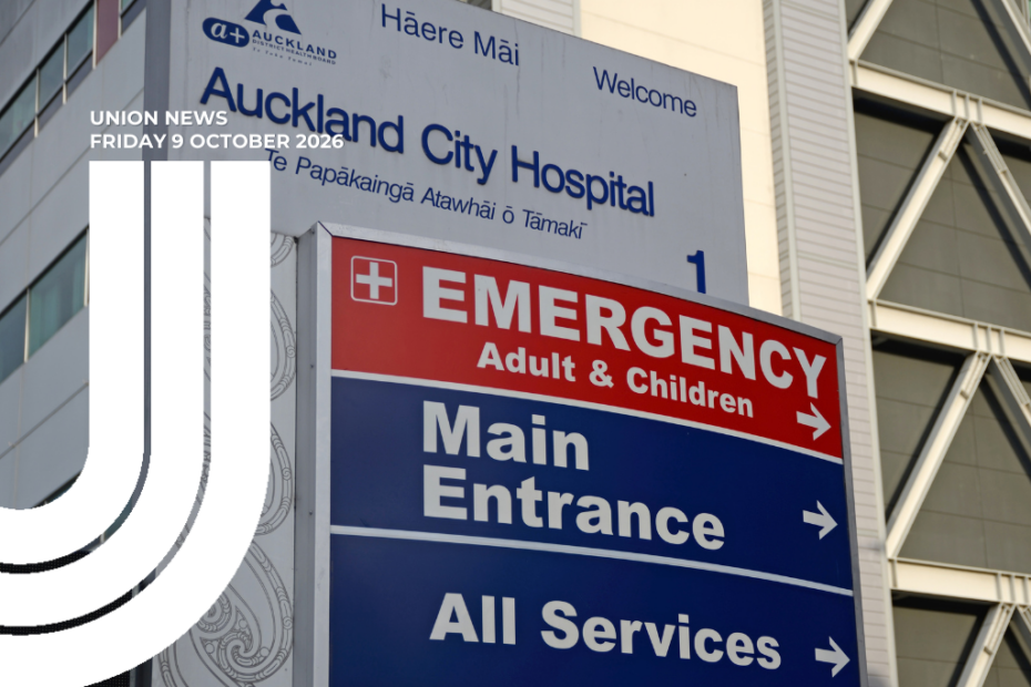 Union News, Friday 9 October 2026. Signage outside Auckland City Hospital showing directions to Emergency, the main entrance and all services. White curved lines overlay the left side of the image.