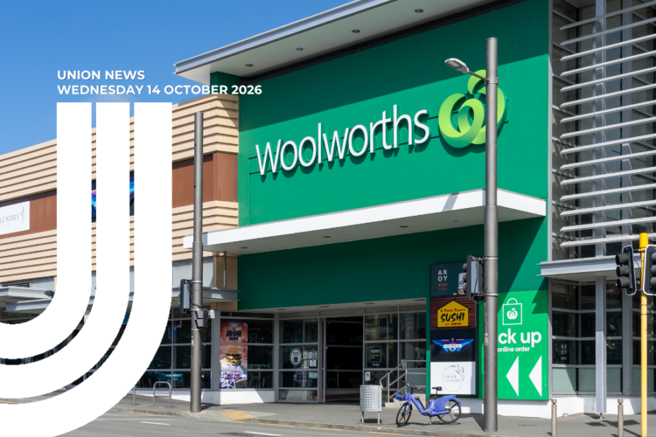 Graphic for Union News: Wednesday 14 October 2026. Colour photo of the exterior of a Woolworths supermarket on a clear day, with the green Woolworths sign and logo above the entrance, a green online order pick-up sign beside the doors, and a blue hire bike parked on the footpath. White curved lines overlay the left side of the image.