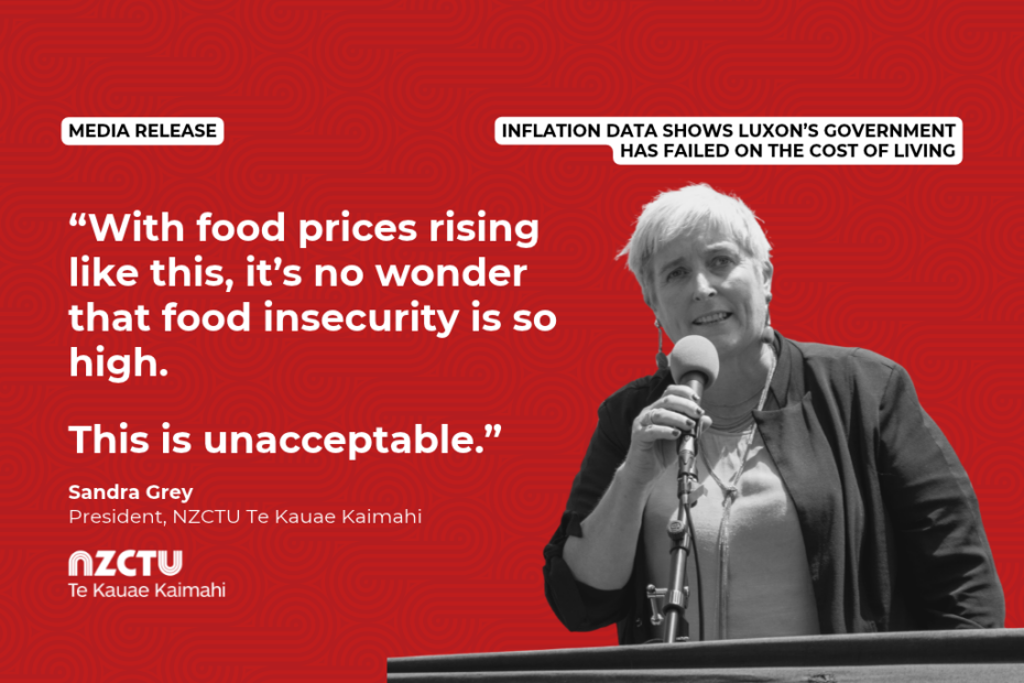 Graphic with a red patterned background for NZCTU media release: Inflation data shows Luxon’s Government has failed on the cost of living. Quote: “With food prices rising like this, it’s no wonder that food insecurity is so high. This is unacceptable.” – Sandra Grey, NZCTU President. Black-and-white photo of Sandra Grey speaking into a microphone on a stand at a lectern, wearing a dark jacket over a light top.