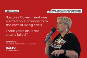 Graphic with a red patterned background for NZCTU media release: Real wages fall under Luxon as lowest-paid workers go backwards. Quote: “Luxon’s Government was elected on a promise to fix the cost-of-living crisis. Three years on, it has clearly failed.” – Sandra Grey, NZCTU President. Colour photo of Sandra Grey speaking into a handheld microphone, wearing a black Maranga Ake Fight Back Together T-shirt and a large necklace.