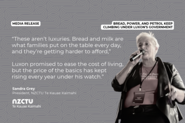Graphic with a grey patterned background for NZCTU media release: Bread, power, and petrol keep climbing under Luxon’s Government. Quote: “These aren’t luxuries. Bread and milk are what families put on the table every day, and they’re getting harder to afford. Luxon promised to ease the cost of living, but the price of the basics has kept rising every year under his watch.” – Sandra Grey, NZCTU President. Black-and-white photo of Sandra Grey speaking into a handheld microphone, wearing a black jacket over a T-shirt and a lanyard.